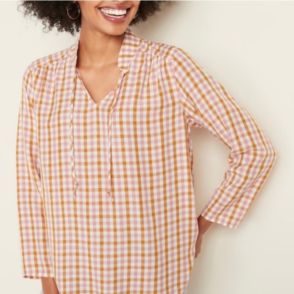 Old Navy Plaid Orange Tan Blouse Top XL
